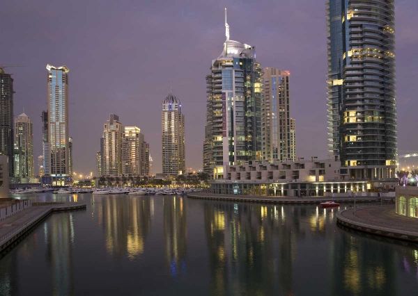 UAE, Dubai, Marina Lights reflect on marina